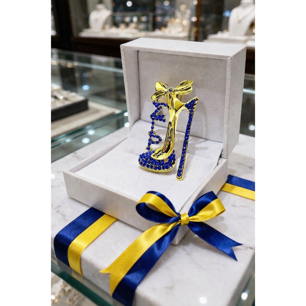 Sigma‎ Gamma Rho SGRho Blue Gold Crystal Stiletto Heel Brooch Pin Sorority Gift